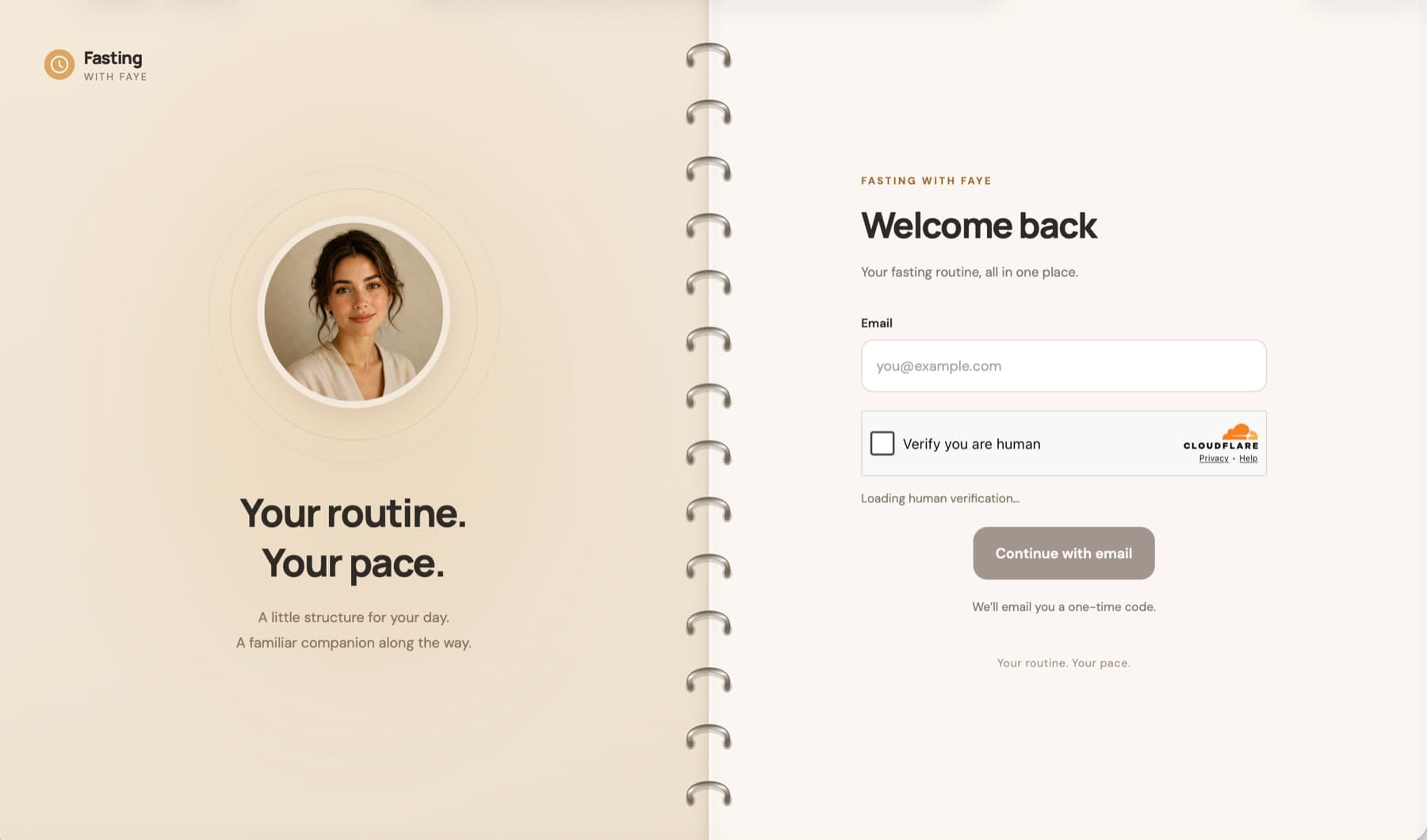 Fasting with Faye welcome screen with a notebook-inspired layout and email sign-in