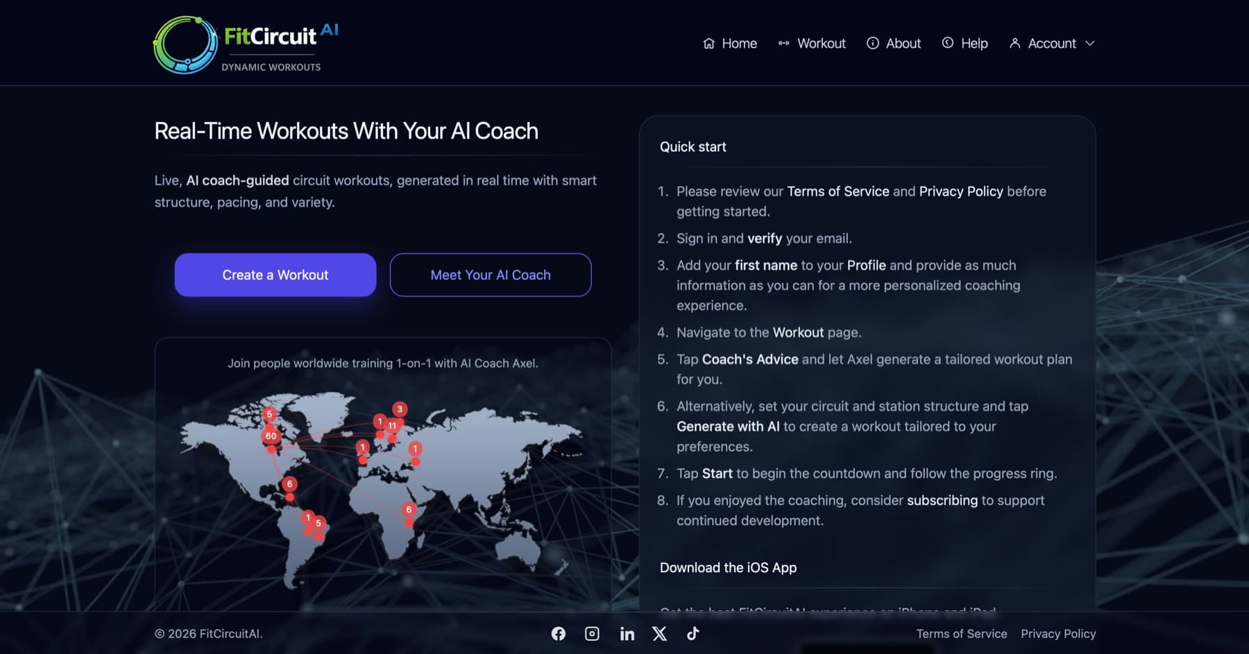 FitCircuitAI home page showing real-time AI coaching, workout controls, a global training map, and quick-start guidance