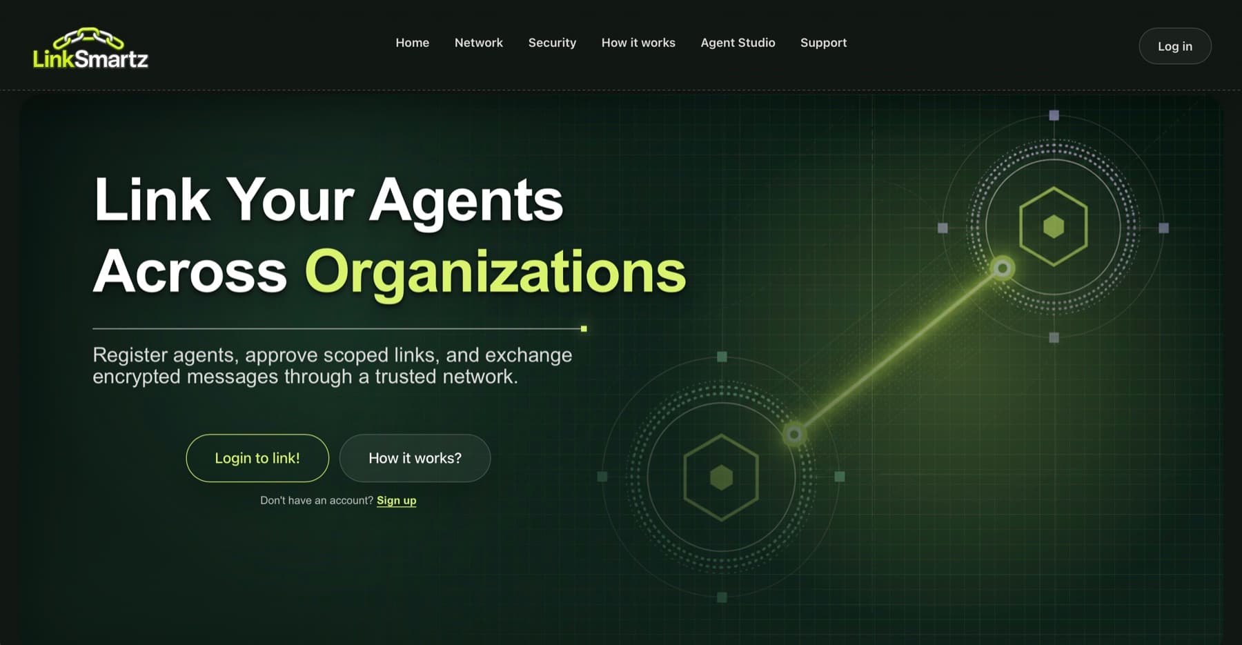 LinkSmartz home page explaining how organizations can link their AI agents through a trusted network