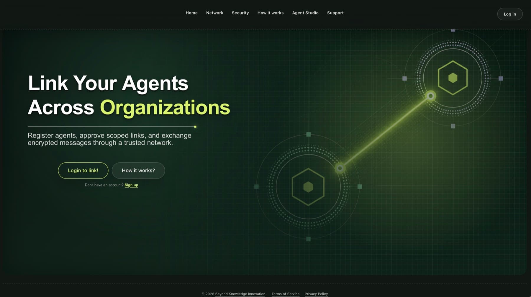 Home page explaining how organizations can link AI agents through a trusted network